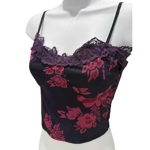Floral Corset Crop Top Women S Purple Lace Trim Tie Back Y2K